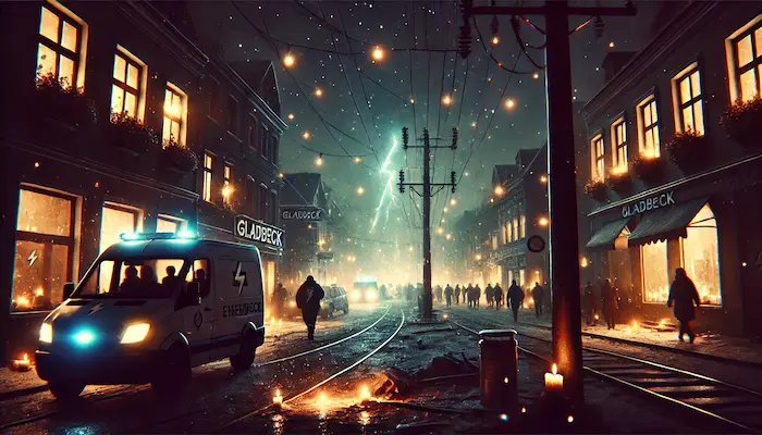 Dunkle Straße, während eines Stromausfall in Gladbeck. Ki-generiert