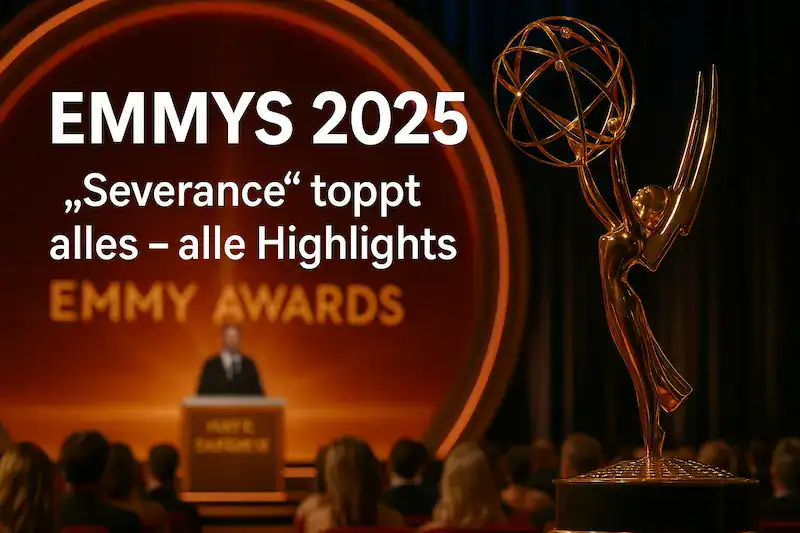Goldene Emmy-Statue vor Bühne der Emmys 2025 mit Moderator Nate Bargatze und Text „Severance toppt alles – alle Highlights“