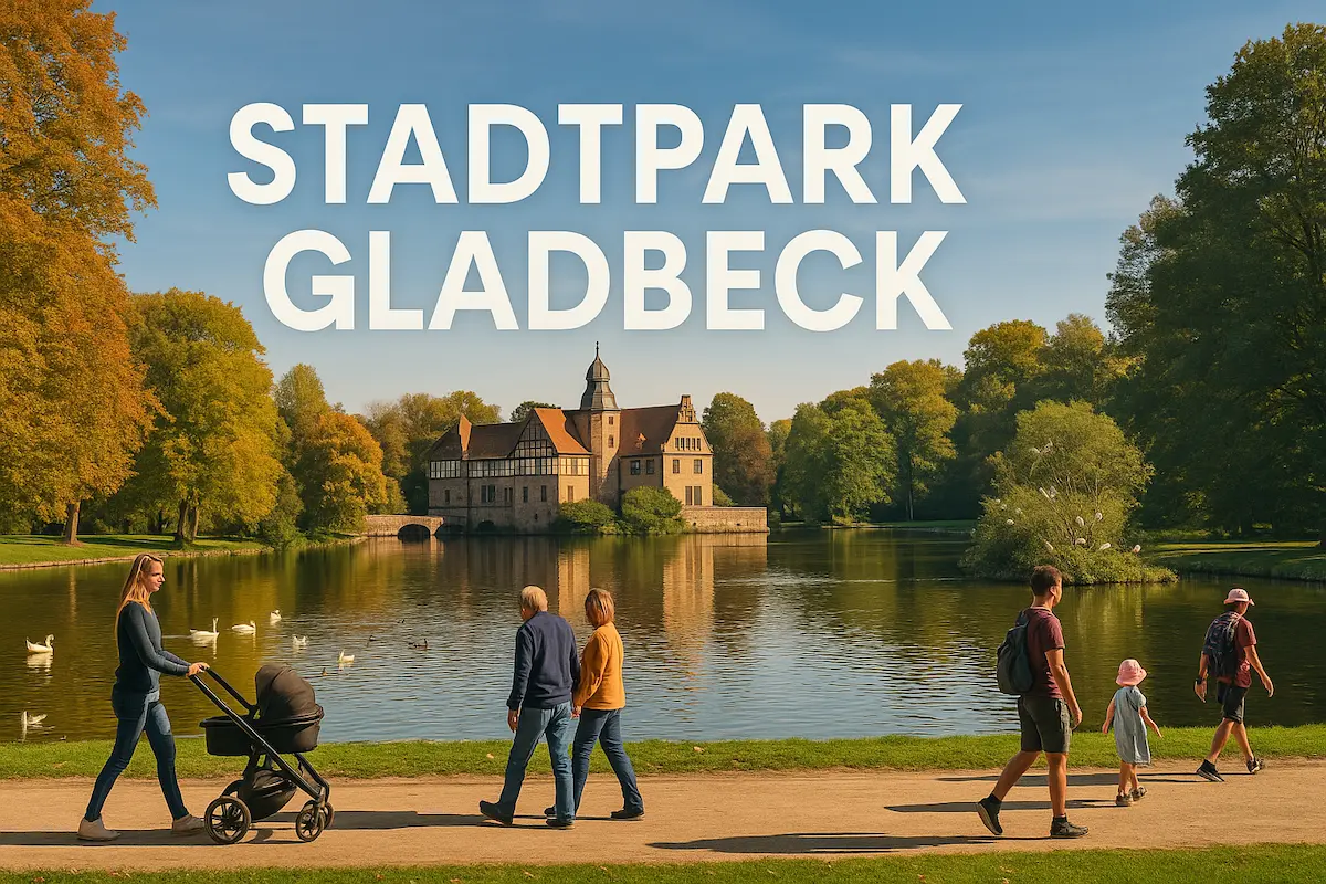 Menschen spazieren am Schlossteich im Stadtpark Gladbeck mit Blick auf das Wasserschloss Wittringen im Herbst