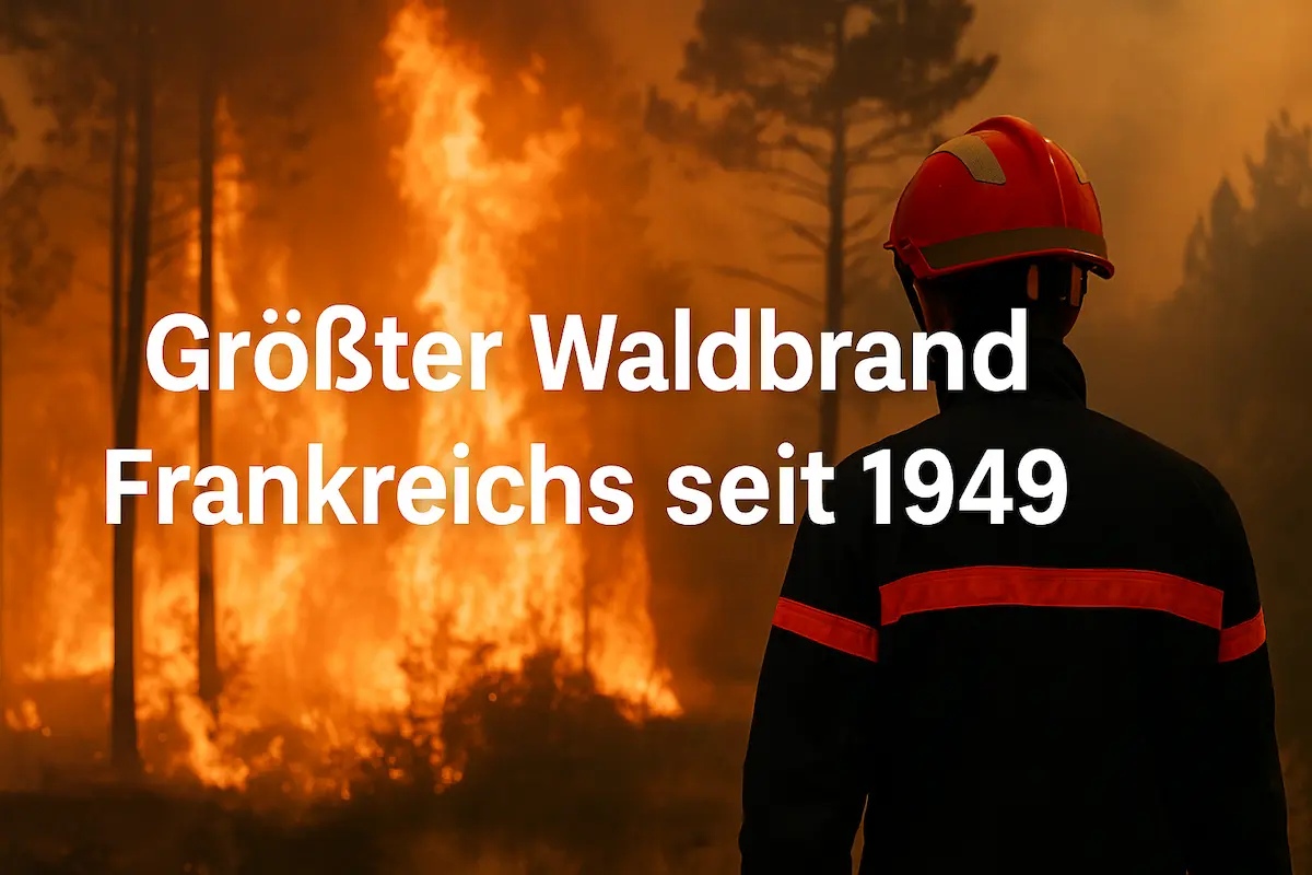 Ein Feuerwehrmann blickt auf einen lodernden Waldbrand in Frankreich – größte Brandkatastrophe in Südfrankreich seit 1949.