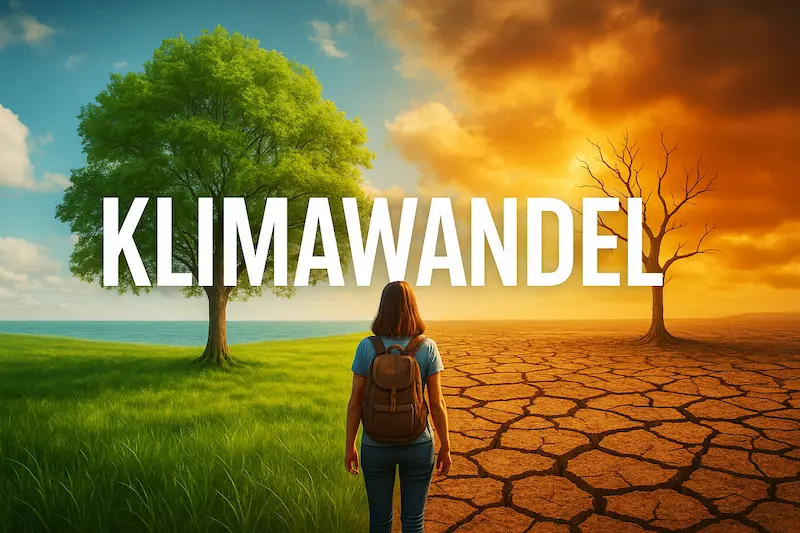 Eine Frau steht zwischen grüner Natur und ausgetrockneter Erde – sinnbildlich für die Auswirkungen des Klimawandels.