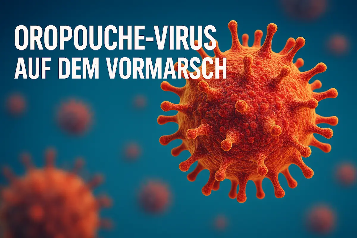 3D-Darstellung des Oropouche-Virus in Nahaufnahme vor blauem Hintergrund