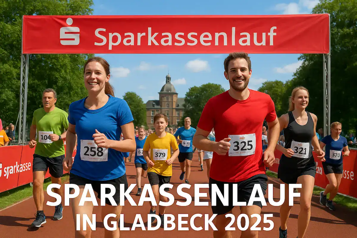 Läuferinnen und Läufer beim Sparkassenlauf in Gladbeck 2025 starten im Stadion mit Blick auf Schloss Wittringen.