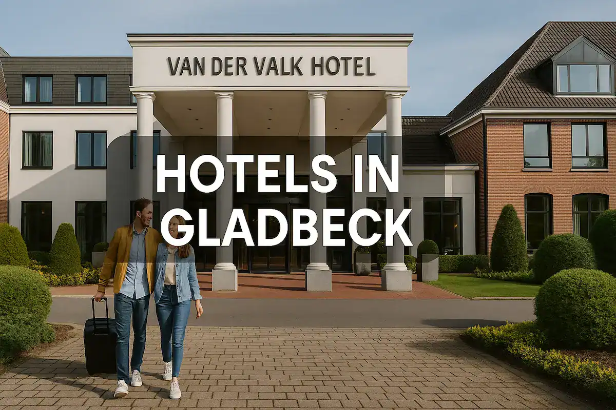 Paar mit Koffer vor einem Hotel in Gladbeck – Titelbild zu Hotels in Gladbeck.