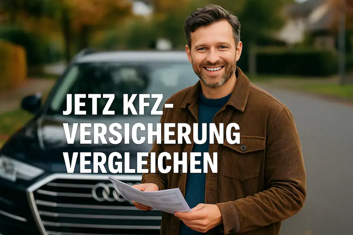 Freundlicher Mann vor Auto auf Vorortstraße hält Unterlagen; Text-Overlay „Jetzt KFZ-Versicherung vergleichen“; warmes Herbstlicht, klare Komposition.