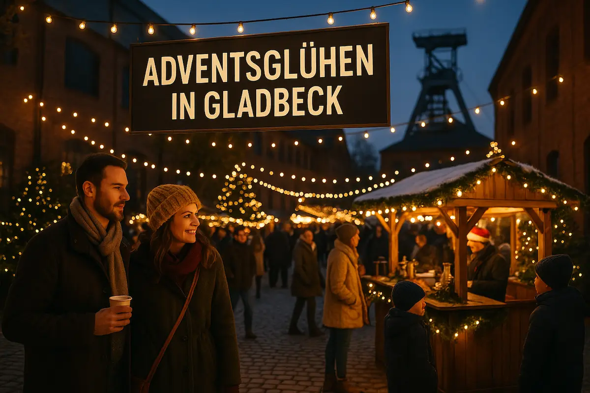 Titelbild zeigt das Adventsglühen in Gladbeck mit beleuchteten Ständen, Besuchern und historischer Bergbaukulisse in Abendstimmung.
