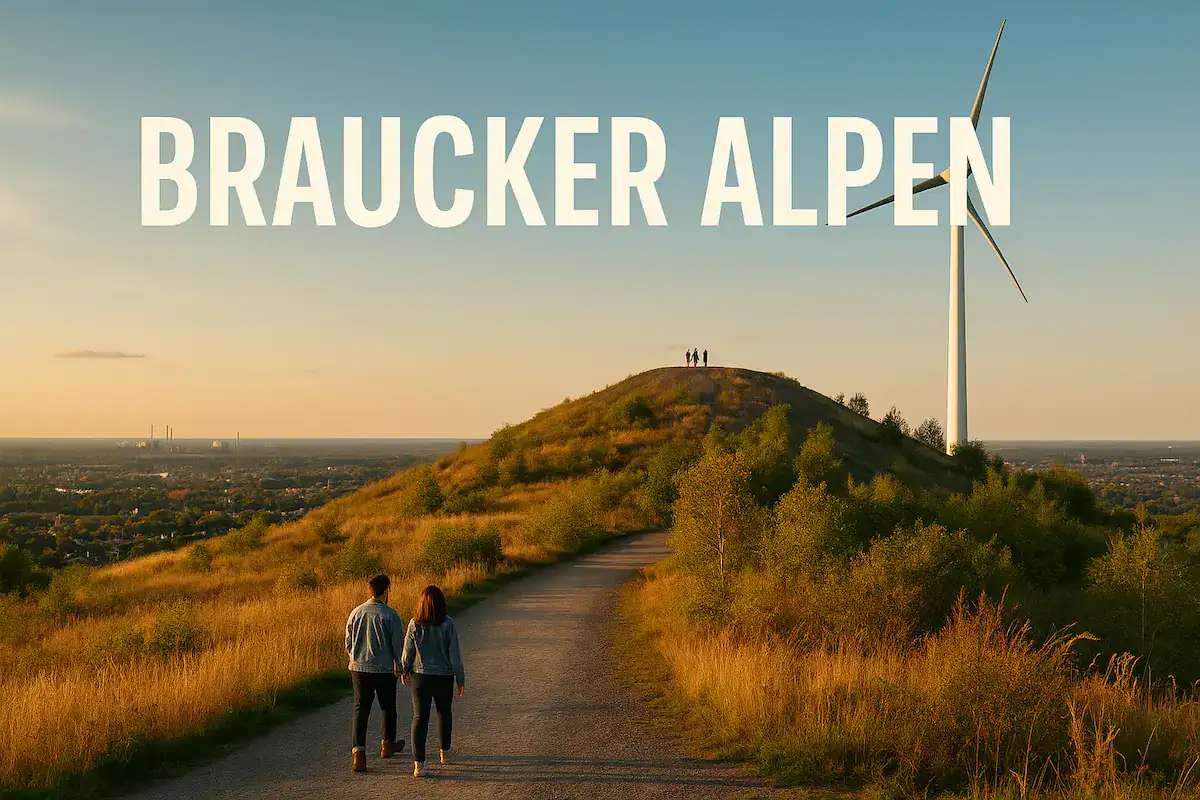 Wanderer auf einem Haldenweg der Braucker Alpen bei Gladbeck, mit Windrad auf der Mottbruchhalde im Abendlicht.