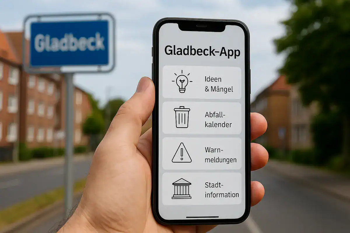 Hand hält Smartphone mit geöffneter Gladbeck-App vor Gladbeck-Ortsschild und Wohnstraße.