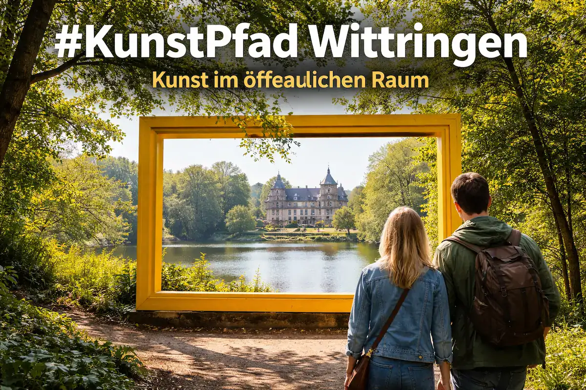 #KunstPfad Wittringen: Besucher blicken durch gelben Rahmen auf Schloss Wittringen am See.