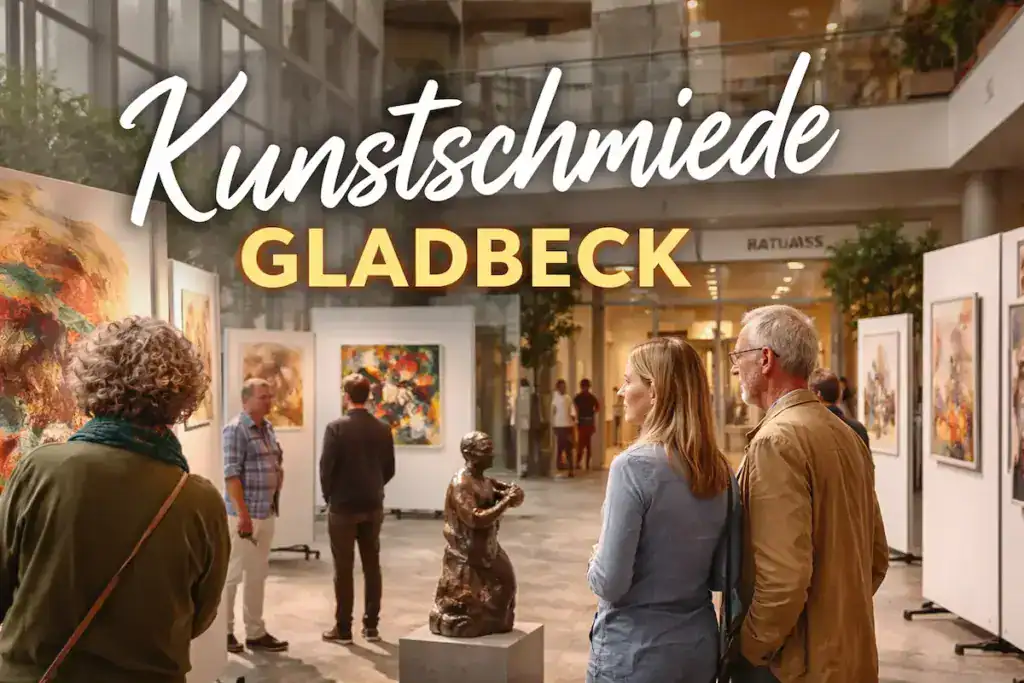 Besucher betrachten eine Ausstellung der Kunstschmiede Gladbeck im Rathaus.
