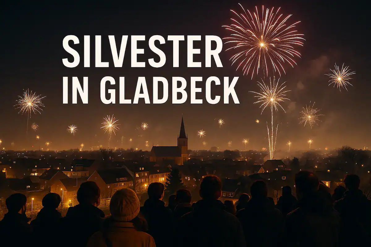 Menschen blicken an Silvester in Gladbeck auf die Stadt, während über den Dächern ein Feuerwerk den Nachthimmel erleuchtet.