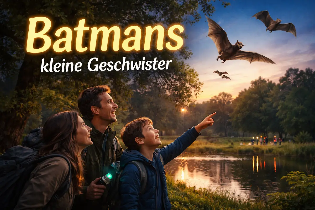 Familie beobachtet Fledermäuse bei der Exkursion Batmans kleine Geschwister im Nordpark Gladbeck am Abend.