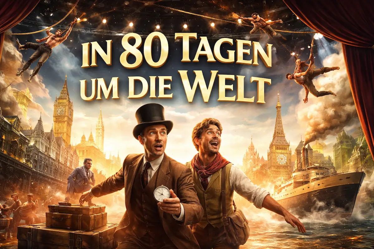 In 80 Tagen um die Welt als moderne Theaterinszenierung mit Reisemotiven, Bewegung und Zeitdruck auf der Bühne