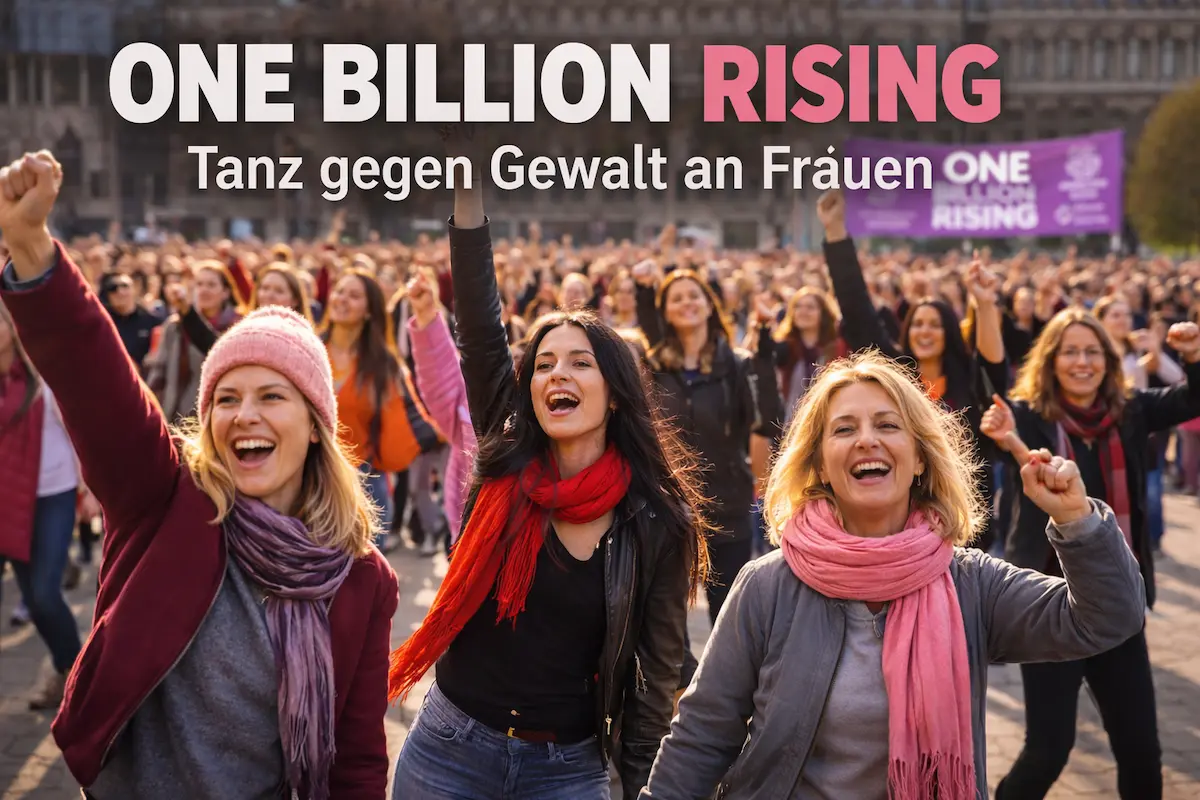One Billion Rising in Gladbeck: Menschen tanzen auf einem Platz und setzen mit erhobenen Händen ein Zeichen gegen Gewalt an Frauen.