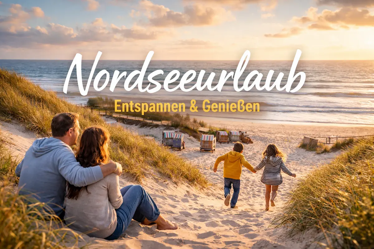 Nordseeurlaub mit Familie am Strand bei Sonnenuntergang – ruhige Dünen, Meerblick und entspannte Atmosphäre