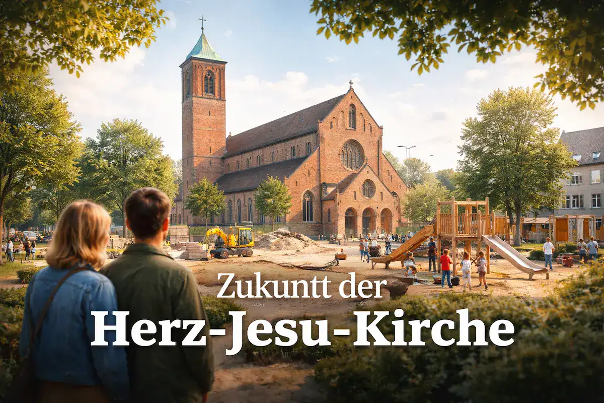 Die Herz-Jesu-Kirche in Gladbeck-Zweckel wird zur Kita umgebaut, während Kinder spielen und Bauarbeiten im Umfeld stattfinden