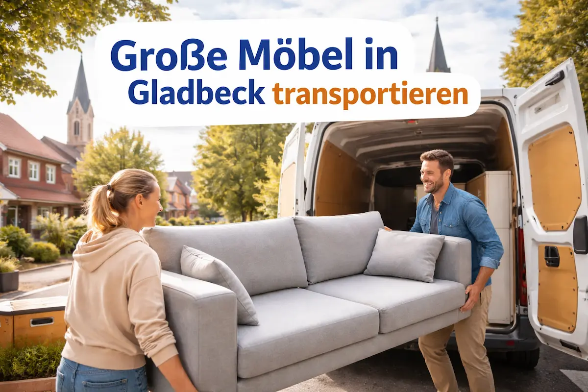 Zwei Personen verladen ein Sofa in einen Transporter, um große Möbel in Gladbeck zu transportieren
